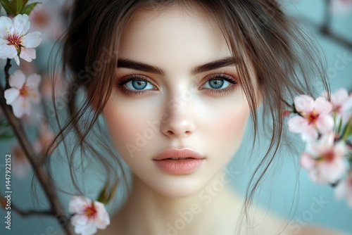 Obraz na płótnie Attractive asian young woman surrounded by cherry blossoms. Spring mood, morning rays and fog. Commercial idea art. Spring mood with vibrant woman and blossoms. w salonie