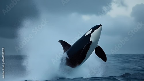 Jumping killer whale breaching in the ocean water  
