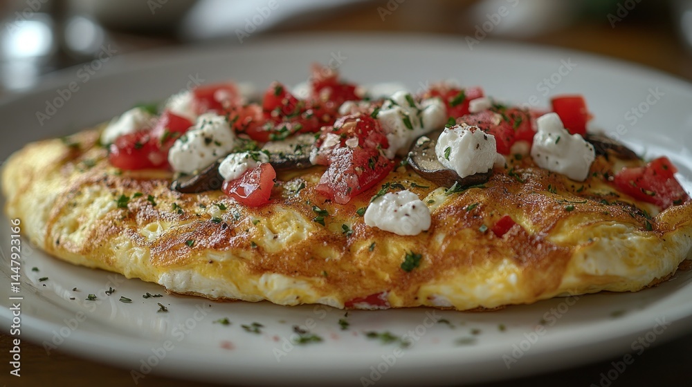 Delicious omelet topped with feta cheese, tomatoes, and mushrooms on a white plate. Delicious omelet topped with feta cheese, tomatoes, and mushrooms on a white plate.