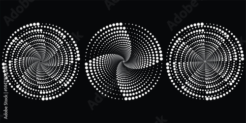 Set of black and white dotted vortex shapes, Circle halftone dots