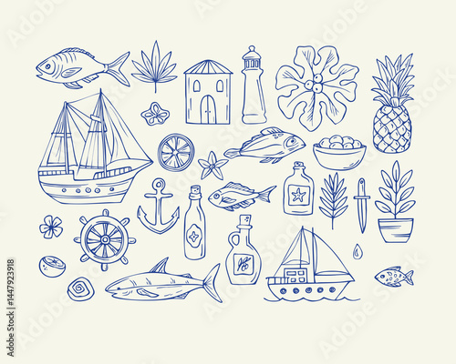 Set of sea doodles with ship and fish blue