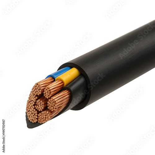 Close-up of heavy-duty power cable cutaway, displaying bundled copper wires inside black and colored insulation.