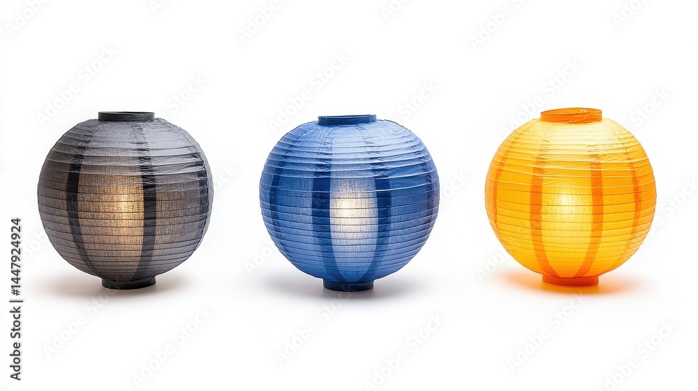 Three Textured Spherical Lanterns Illuminated on White Background Three Textured Spherical Lanterns Illuminated on White Background