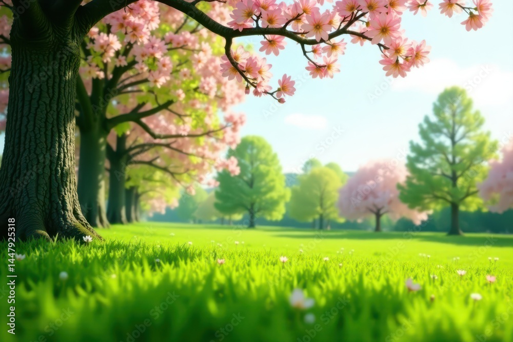Naklejka premium Crisp green grass, soft focus spring trees, clear sky, sky, grass, meadow