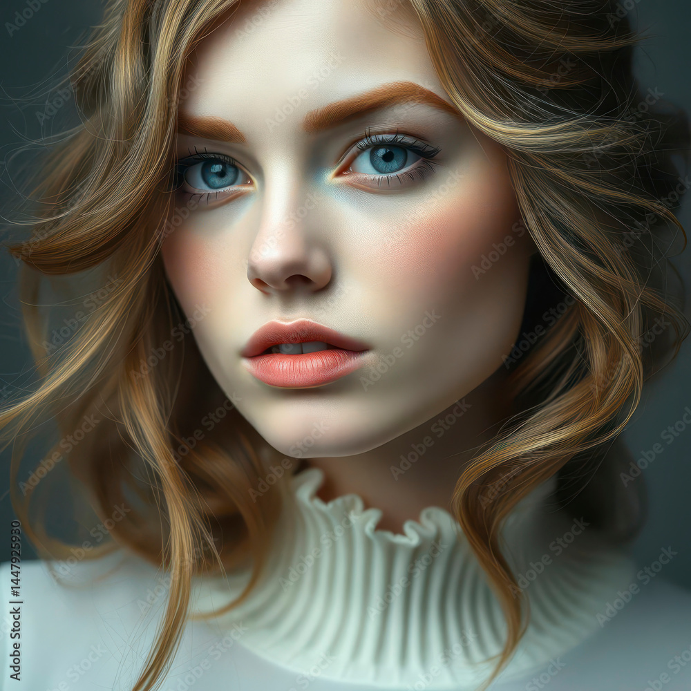 Fototapeta premium Portrait of a Young Woman with Light Brown Hair and Blue Eyes Wearing a White Turtleneck