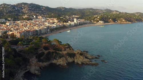 Lloret de Mar bay i sunset. Drone footage. Spain, Catalonia, Costa Brava