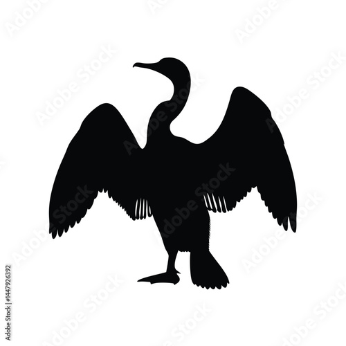 Silhouette of a cormorant bird with wings spread, drying in the sun