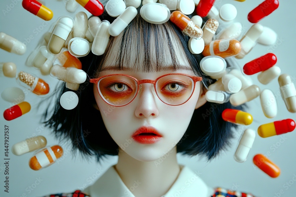 Psychiatric condition. How vision works. Hallucination - due to medication side effects: abstract image of human state. Metaphorical medication side effects emotions of a mental illusion.