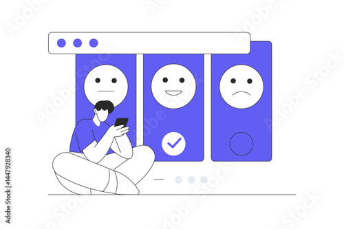 Feedback. Man Character filling survey form. User experiences. Giving review to customer service operator. Satisfaction rating, choosing emoji. Flat Cartoon Vector Illustration, icon. Stylish abstract