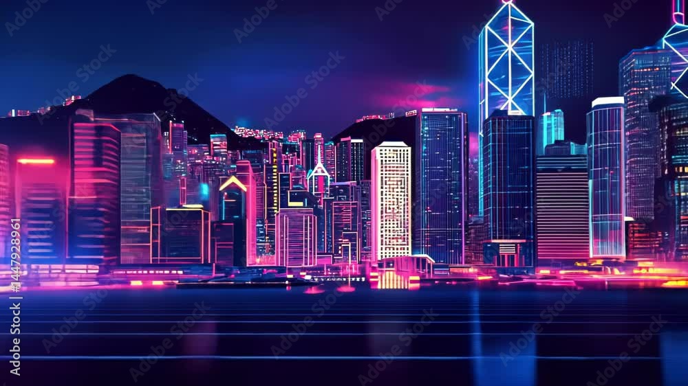 Night cityscape, neon glow, Hong Kong, futuristic vibe, digital art, stock photo