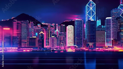 Night cityscape, neon glow, Hong Kong, futuristic vibe, digital art, stock photo