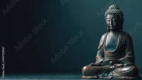 A serene bronze Buddha statue sits in peaceful meditation against a dark backdrop, radiating tranquility and spiritual enlightenment through its calm presence. photo