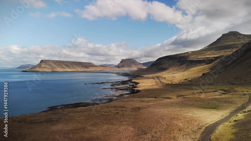 aerial view of a massive lake in Iceland with blue sky and mountains at distance