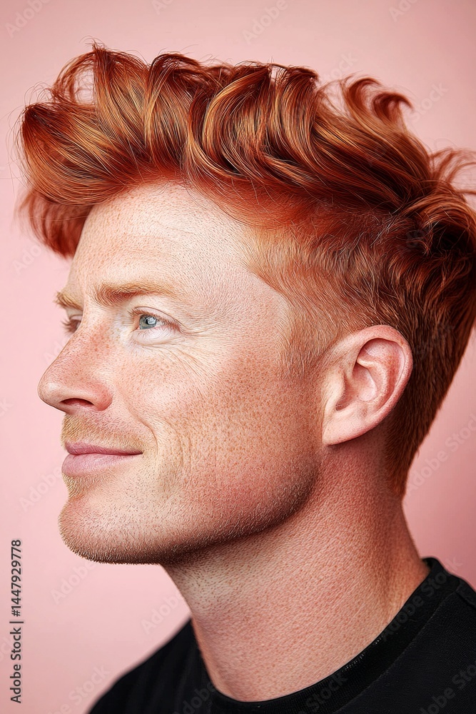 Pink solid background. Fashionable men's pompadour haircut - midlife white man with red hair. A strong and handsome man standing with grace. Visual design of style for aging men.