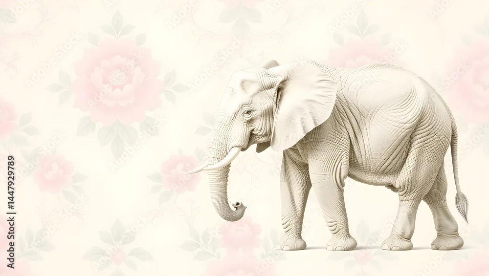 Fototapeta premium A serene image of a large, white elephant positioned against a backdrop of light pink and cream floral patterns.