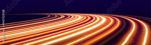 Neon yellow color glowing lines background, high-speed light trails effect. Expressway in long delay, with car lights at night on autobahn. 