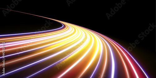 Light trail wave, fire path trace line, car lights, optic fiber and incandescence curve twirl. High speed road in night time abstraction. Sport car is made of polygons, lines and connected dots.	