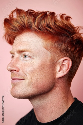 Obraz na płótnie Pink solid background. Fashionable men's pompadour haircut - midlife white man with red hair. A strong and handsome man standing with grace. Visual design of style for aging men. w salonie