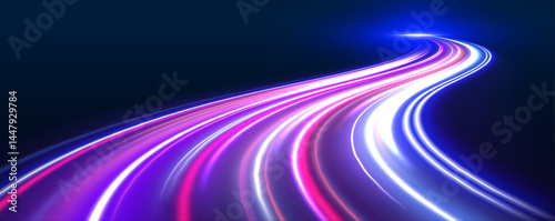 Futuristic light motion effects on a black background, showcasing fast-moving neon stripes and creative illustrations of high-speed concepts, ideal for visualizing technology and progress.	