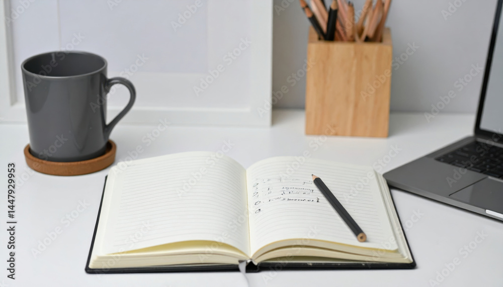 Naklejka premium Open Notebook with Pencil and Coffee on Minimalist Desk