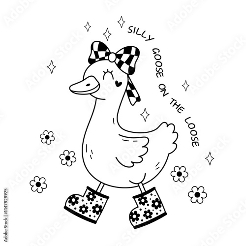 Silly goose on the loose in black color. Cute silly goose meme shirt design. Hand drawn vector illustration in flat style.