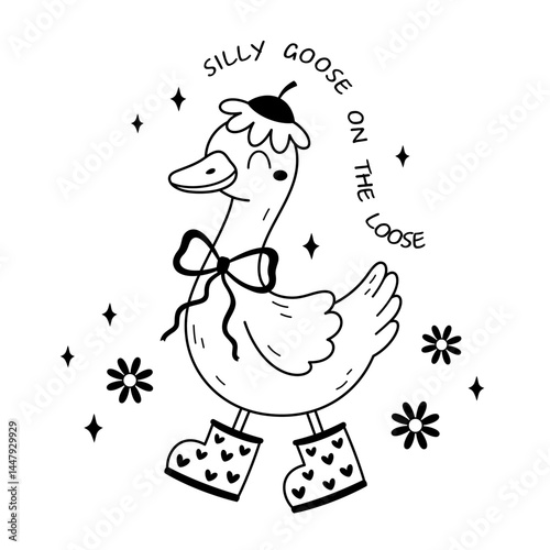 Silly goose on the loose in black color. Cute silly goose meme shirt design. Hand drawn vector illustration in flat style.