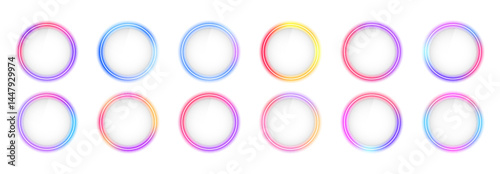 Set of glowing neon lighting isolated on white background in png format. Collection of glowing neon frame lighting round lines on background. Set of blue, pink purple, green glowing round wavy speed.