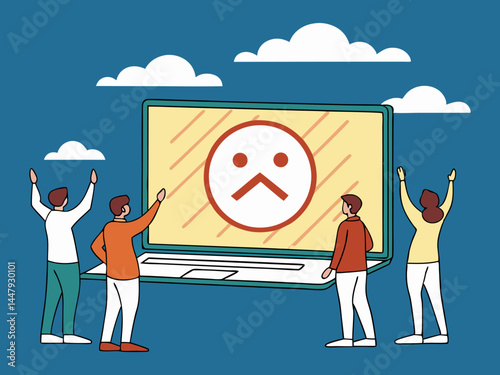 Team Standing Against Disapproval on Laptop Screen