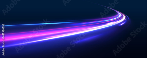 Particle motion light effect. Abstract fire flare trace lens flares. Long exposure of motorways as speed. Luminous sparkling lines, glowing violet speed rays.	