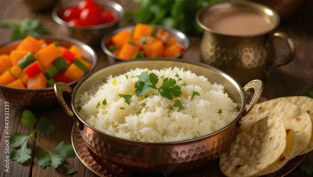 A close-up image of a bowl of flavorful Indian rice, garnished with fresh cilantro, served alongside a vegetable dish (pumpkin and peppers) and a cup of traditional Indian tea. A close-up image of a bowl of flavorful Indian rice, garnished with fresh cilantro, served alongside a vegetable dish (pumpkin and peppers) and a cup of traditional Indian tea.