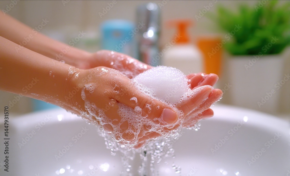 Fototapeta premium A person is washing hands with soap, creating bubbles and lather over a sink in a clean bathroom.