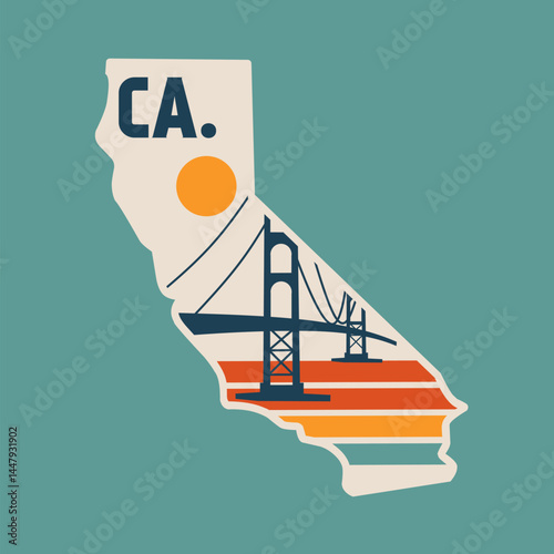 California Map with Golden Gate Scenery Perfect for Sticker, Apparel, etc