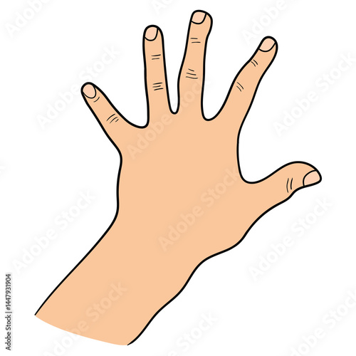 Hand drawn cartoon human hand showing five fingers on white background.