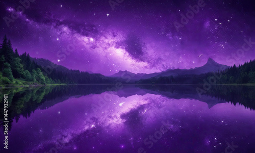 Magical Violet Sunset Landscape Reflected In Still River