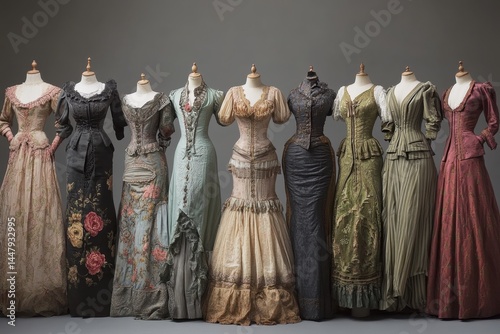Historical dresses displayed on mannequins in a museum showcasing fashion trends from the late 19th to early 20th century