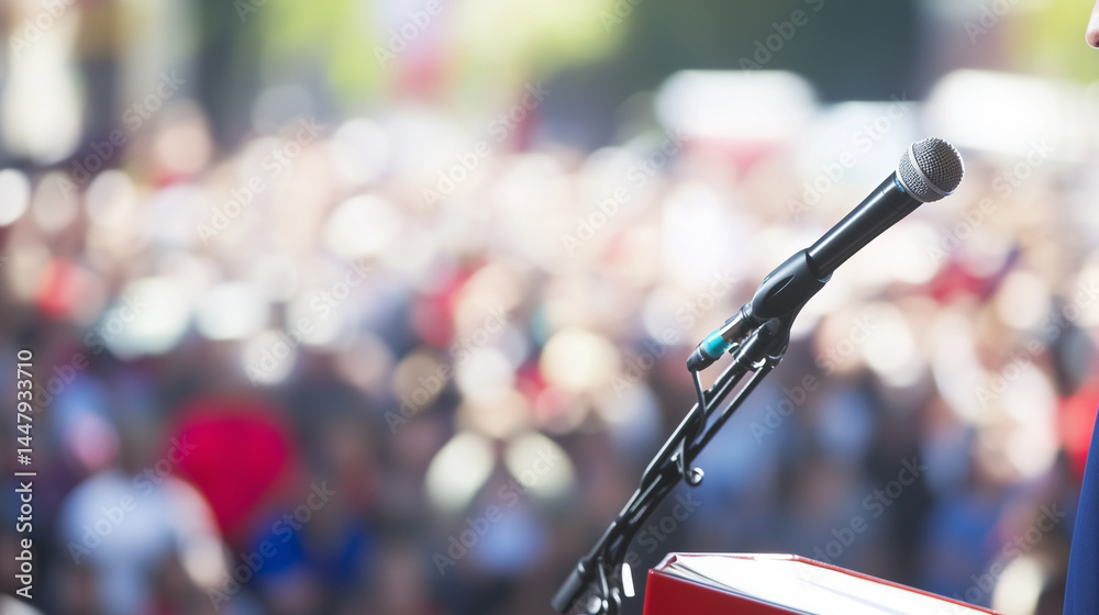 Political candidate delivering passionate speech with confident expression and microphone in foreground, leadership and public speaking concept, election campaign and democracy theme.