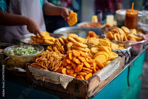 A vibrant street food stall showcasing a colorful array of freshly fried snacks, ready to be enjoyed.