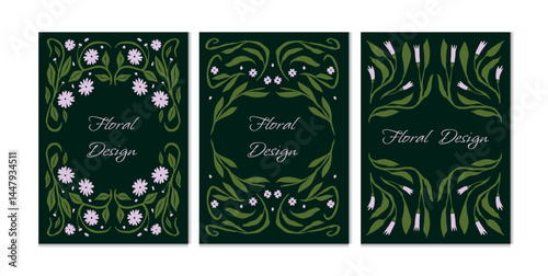 Floral vector templates with pink flowers and green leaves on dark background. Decorative botanical layout in art nouveau style with symmetrical frame for cards, posters, packaging, or invitations.