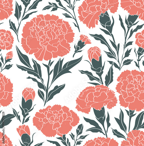 carnation. Seamless pattern for fashion design, fabric, wallpaper and all kinds of prints on light background.