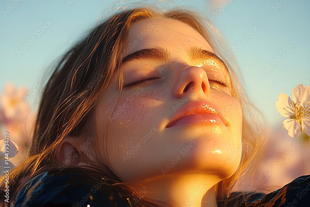 Spring mood, golden hour in sunset. Commercial visual idea. Stunning caucasian young woman surrounded by cherry blossoms. Lively woman in spring garden. Bright woman in floral park.