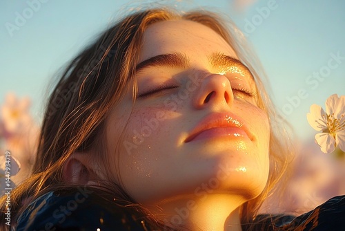 Obraz na płótnie Spring mood, golden hour in sunset. Commercial visual idea. Stunning caucasian young woman surrounded by cherry blossoms. Lively woman in spring garden. Bright woman in floral park. w salonie