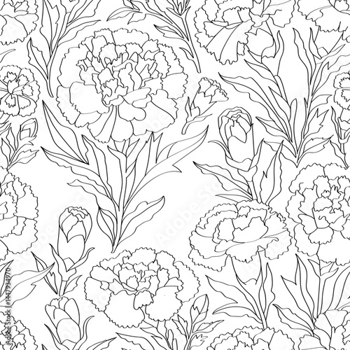 carnation line art. Seamless pattern for fashion design, fabric, wallpaper and all kinds of prints on light background.