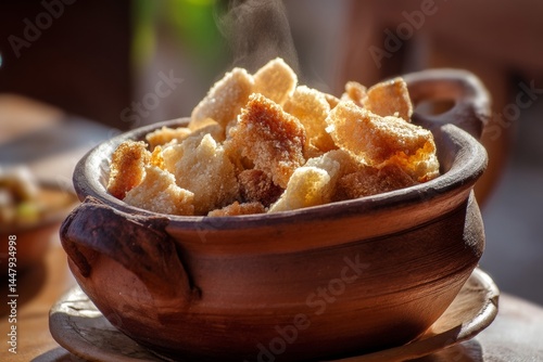 A rustic bowl filled with crispy, golden cracklings, a delicious and traditional snack to enjoy.