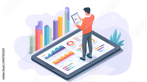 Modern learning tools, businessman demonstrates AI insights on tablet, 2D illustration of Generative AI