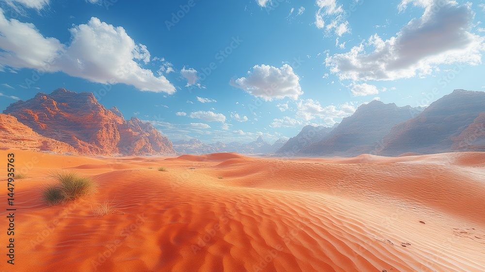 Naklejka premium Vibrant desert landscape under a sunny sky with majestic mountains in the background.