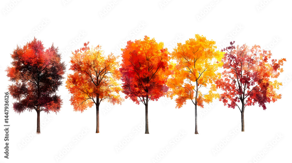 Row of colorful deciduous trees in seasonal foliage. cut out transparent Row of colorful deciduous trees in seasonal foliage. cut out transparent