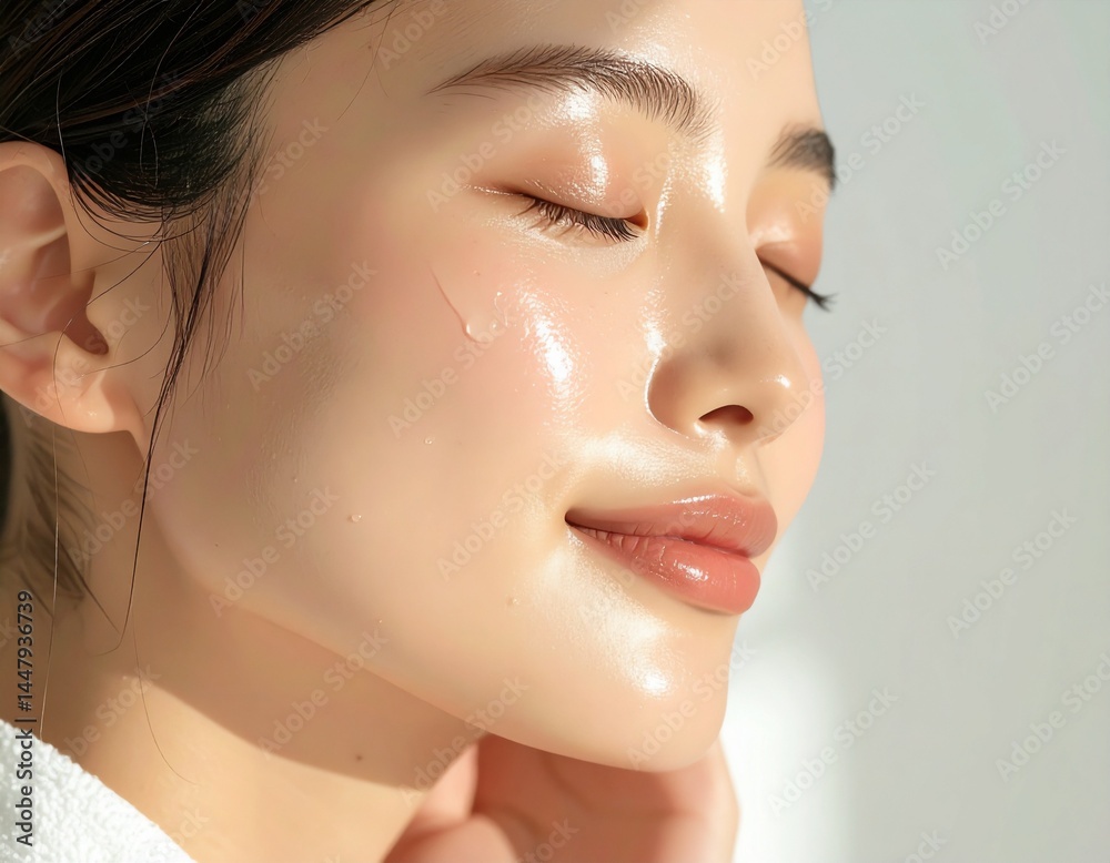 Naklejka premium 美容液をマッサージする女性 Japanese Woman Massaging Serum