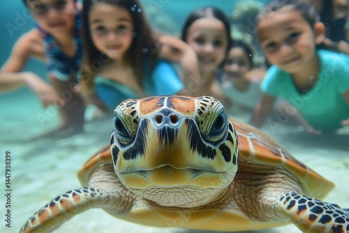 Kids interact with a sea turtle in a clear ocean environment during a fun day at the beach