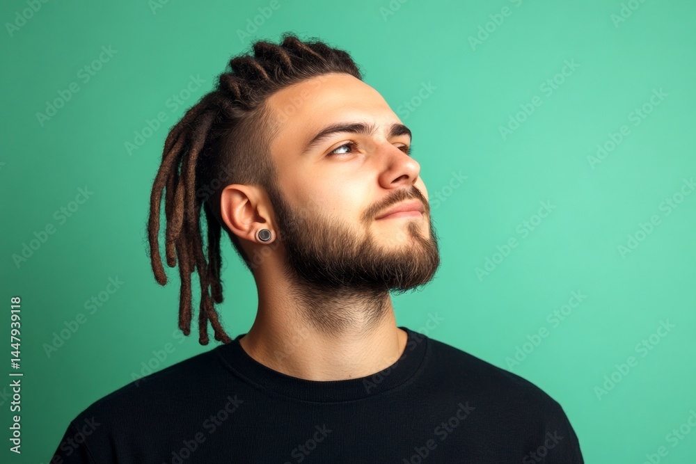 Classy men's short dreads haircut - midlife white man with hair. Green solid background. Creative of style for aging men. A refined and stylish man with a natural look.