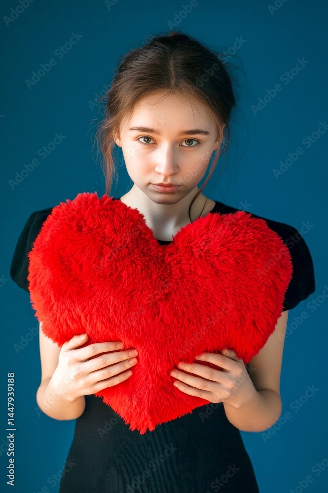 Cute Valentine's Day greeting. Isolated white adult woman on rich dark blue background with fluffy heart in hands. Professional studio snapshot, copy space.